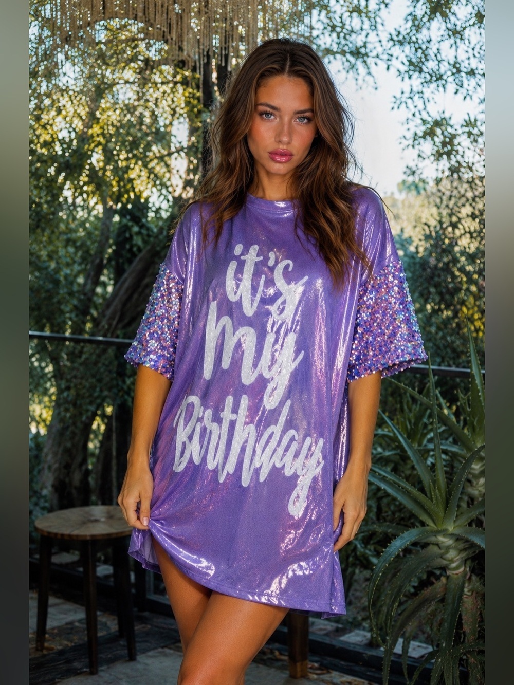 Birthday Queen Foil Sequin Dress in Lavender - Picture 4 of 5